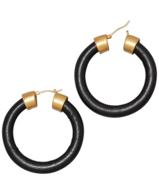 Black Leather Gold-Tone Hoop Earrings