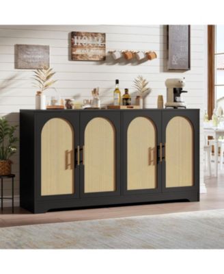 59" Rattan Sideboard Buffet Cabinet, 4-Door Modern Storage Console for Living Room, Kitchen & Dining