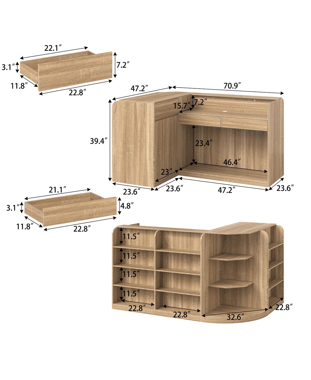 Homsee L-Shaped Reception Desk with Storage - Premium Engineered Wood Front Desk with Open Shelves and Drawers