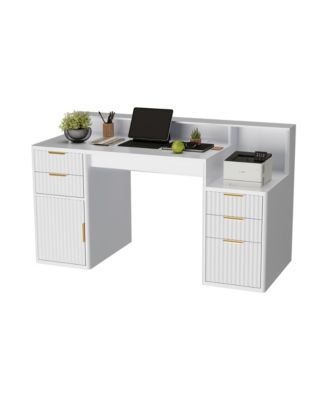 Computer Desk with Hutch and Printer Stand - Ripple Door Design, Space Saving Home Office Desk, Sturdy Board Construction