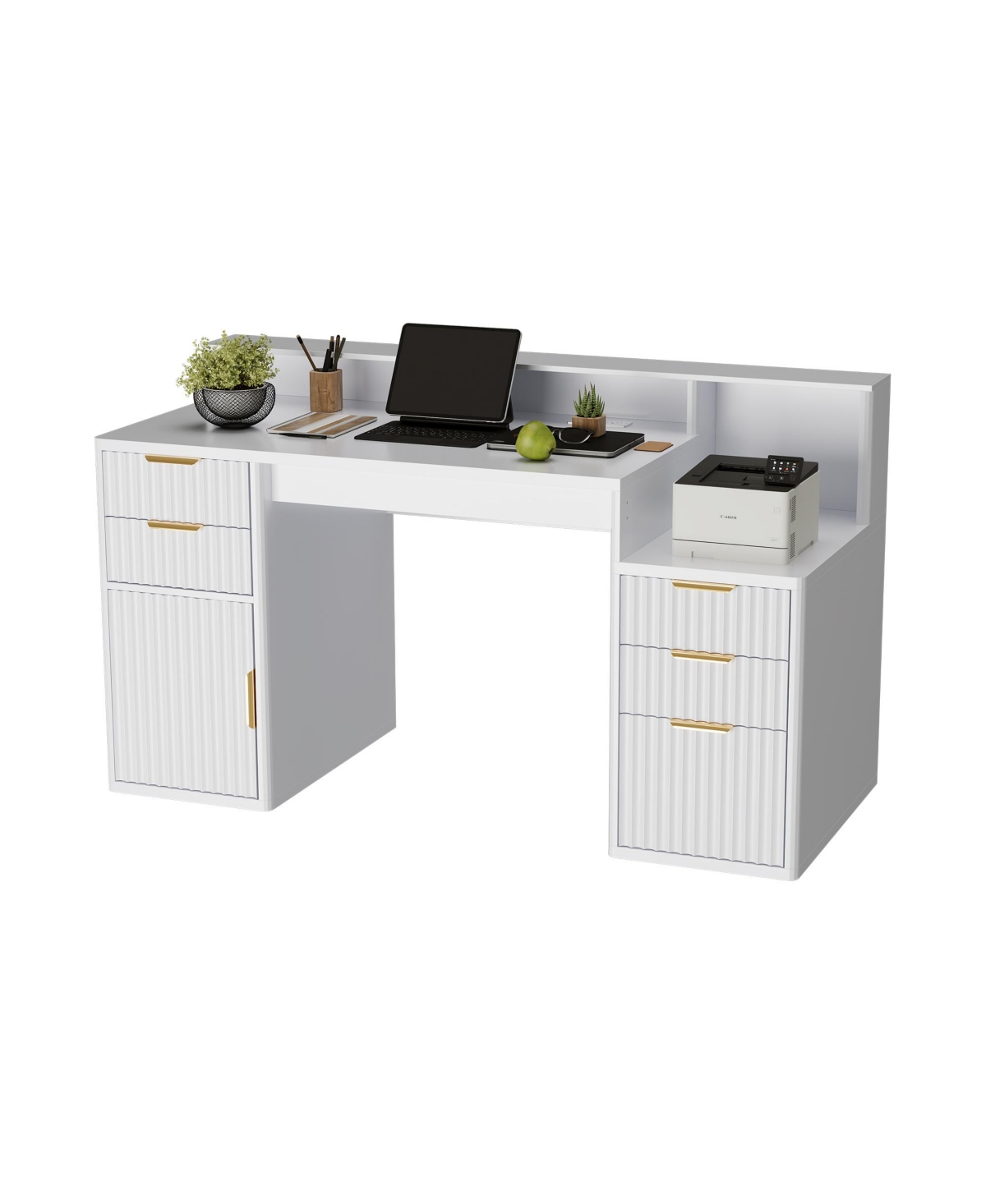 homfan Computer Desk with Hutch and Printer Stand - Ripple Door Design, Space Saving Home Office Desk, Sturdy Board Construction - White