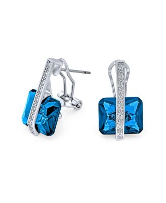 Art Deco Style Rectangle Green Emerald Cut CZ Drop Earrings Stabilizing Omega Back Cubic Zirconia