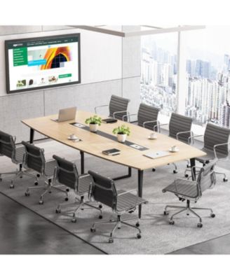 8FT Conference Table: 94.48"L boat-shaped meeting table with cable grommets. Modern conference table for office. Light Wood Grain