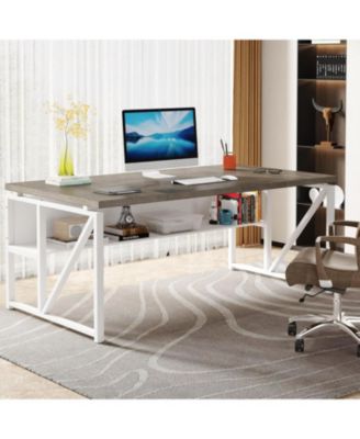 63" Computer Desk with Bottom Shelf: Home office writing table for workstation. Dark Walnut Plus steel legs. (Cabinet not included)