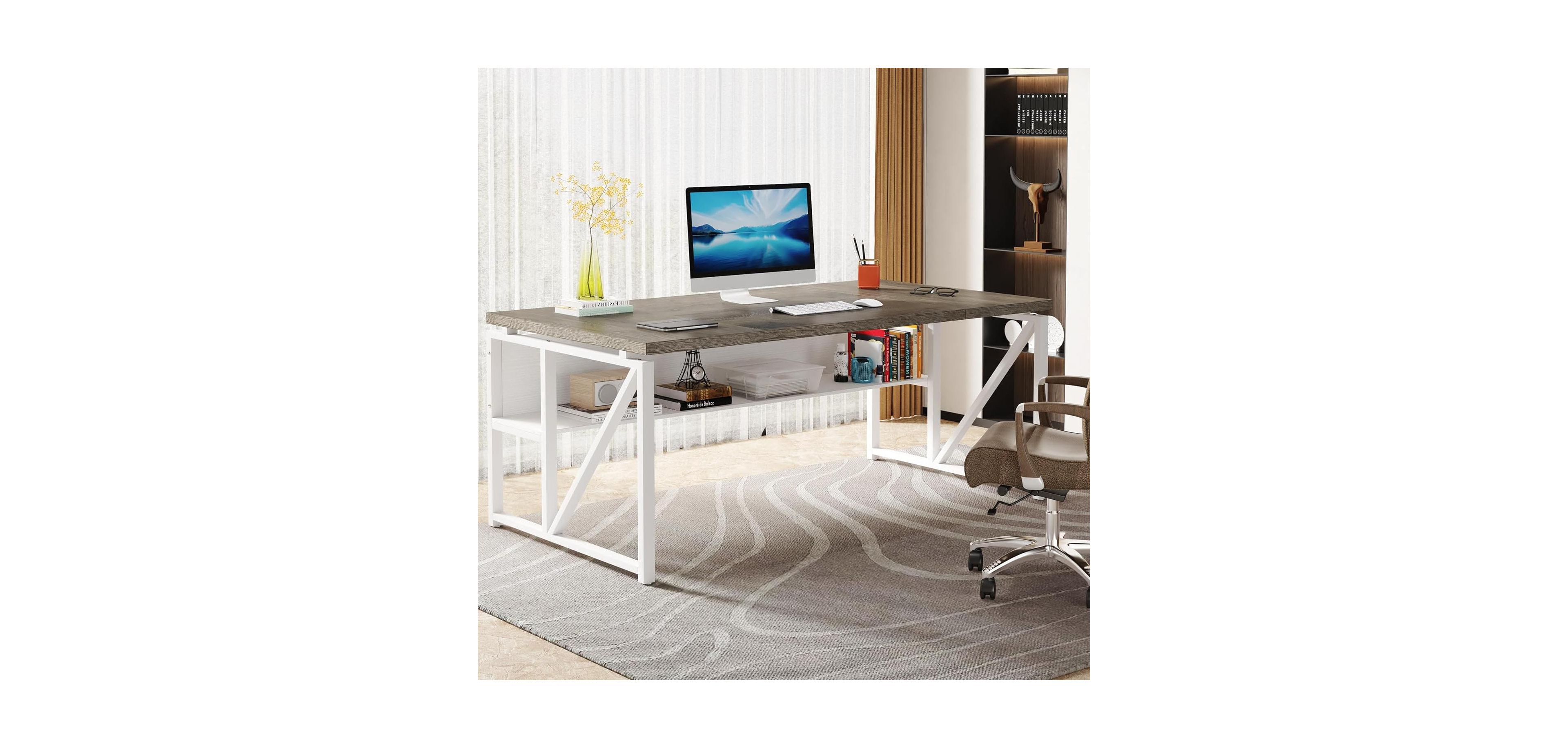 Tribesigns 63" Computer Desk with Bottom Shelf: Home office writing table for workstation. Dark Walnut Plus steel legs. (Cabinet not included)
