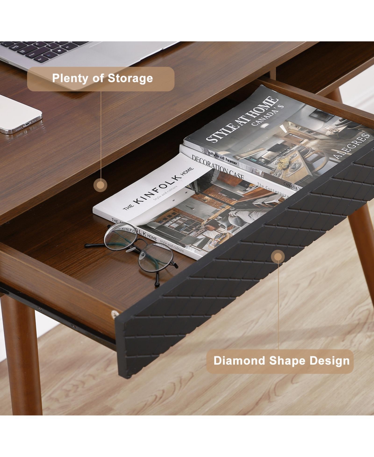 homfan Space-Saving Mid-Century Writing Desk - Computer Table with Drawer and Open Cubby - Sturdy Wood - Easy Assembly