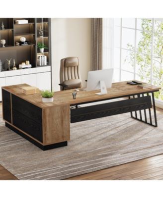 Executive Desk, L-Shaped Desk with Cabinet, Large Office Desk with Drawers and Storage Shelves, Writing Table Computer Desk