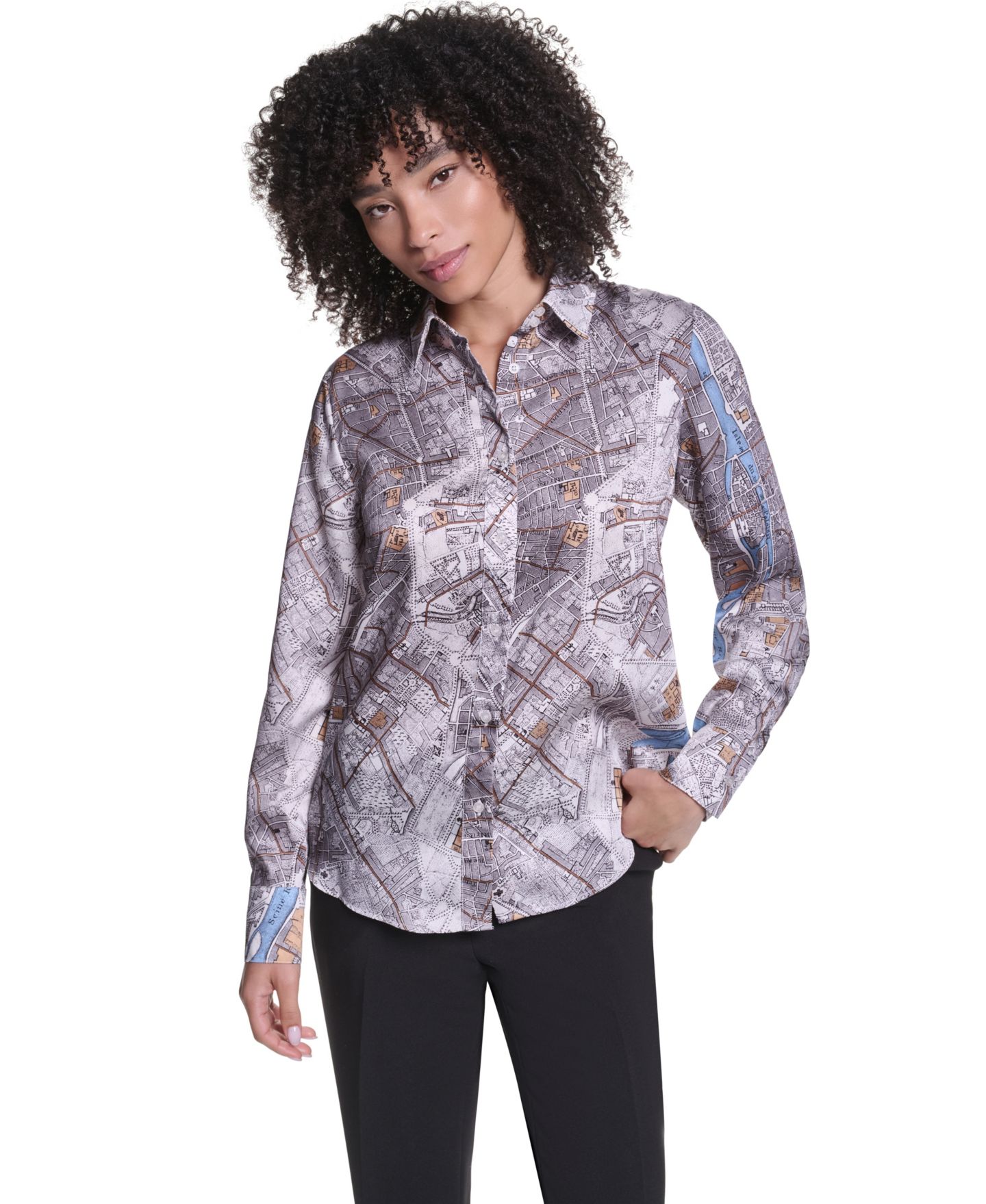 Женская блузка KARL LAGERFELD PARIS Long-Sleeve Button-Front Blouse, цвет: Мягкий белый разноцветный — фото 3