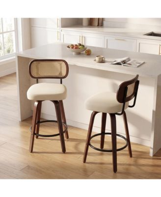 Set of 2 Mid-Century Modern Swivel Bar Stool with Cane Back, Walnut Wood Frame and 360&deg; Swivel Seat