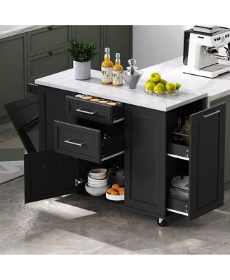 50.7" Rolling Kitchen Island with Tilt Trash Can, Drop Leaf, and Storage