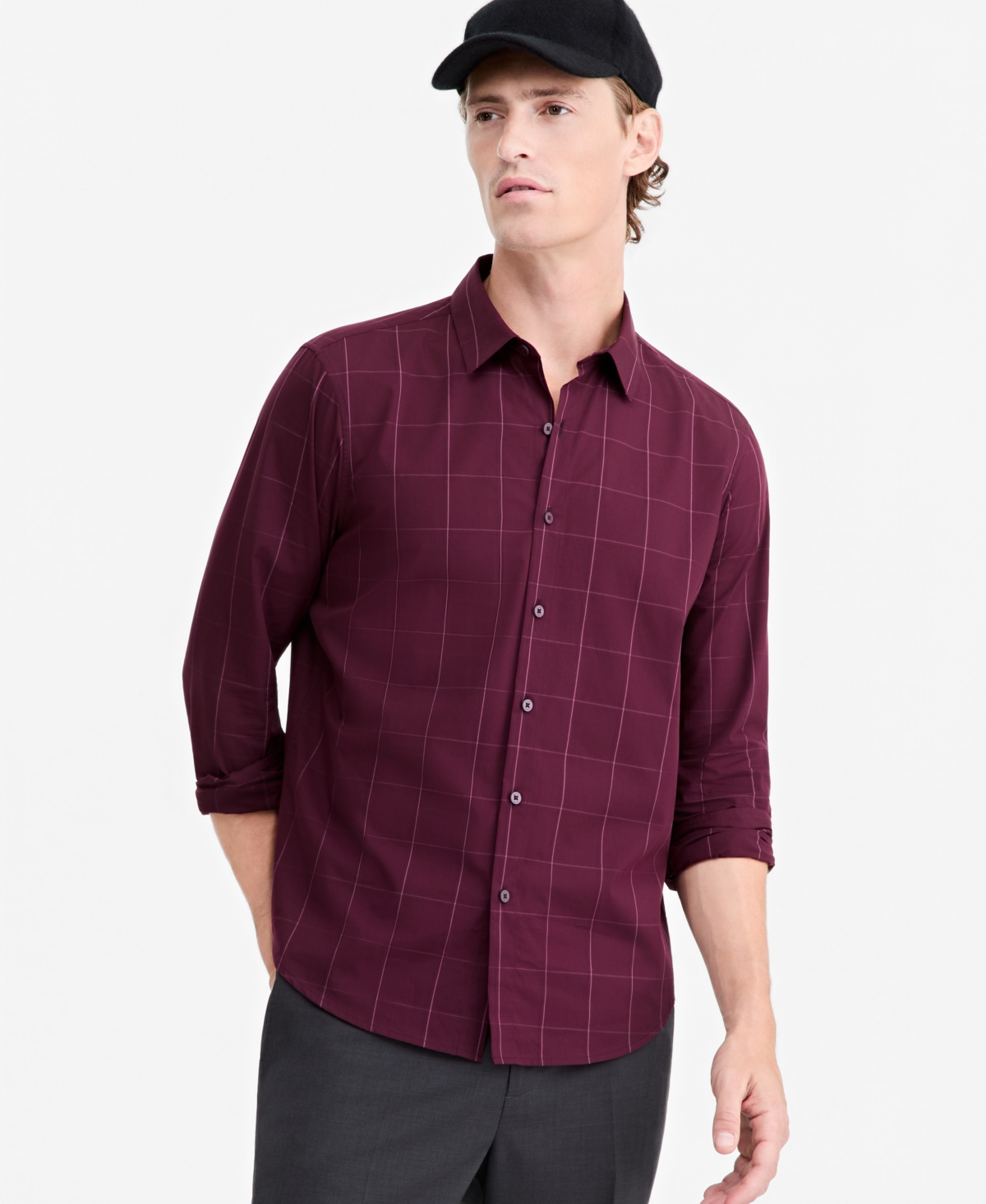 Alfani Men's Windowpane Cotton Poplin Button-Down Shirt, Macy's Exclusive - Deep Wine