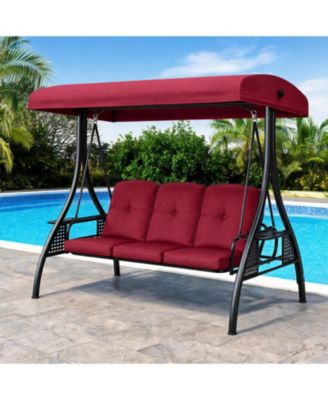 Outdoor Patio Swing Chair, 3 Seat Porch Swing with Canopy, Heavy Duty Steel Frame Garden Swing Bench, Cushioned Outdoor Hanging Seat