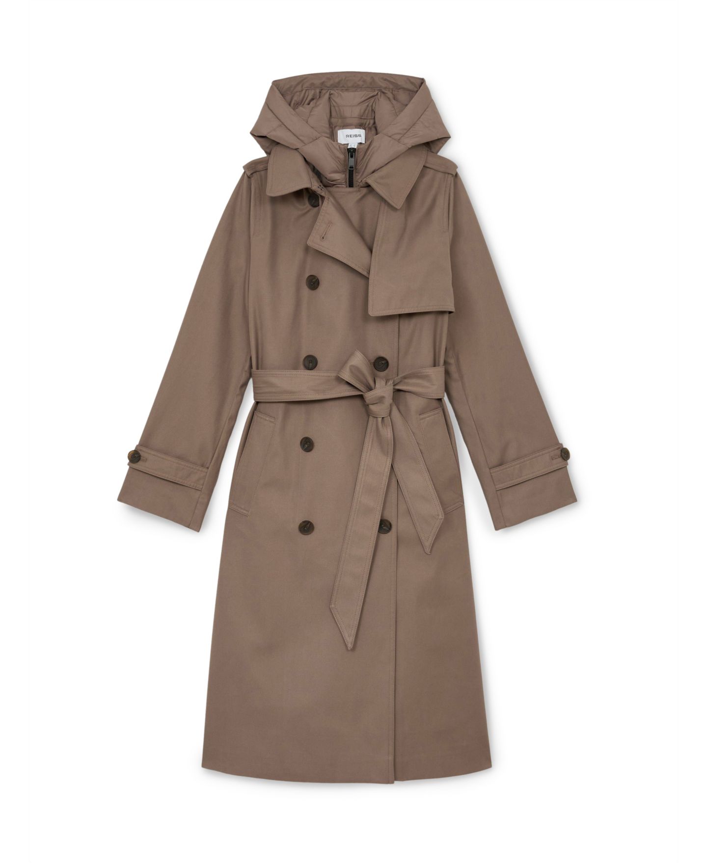 Женское пальто REISS Petite Azura Double-Breasted Hooded Gabardine Trench, цвет: Серо-коричневый — фото 5