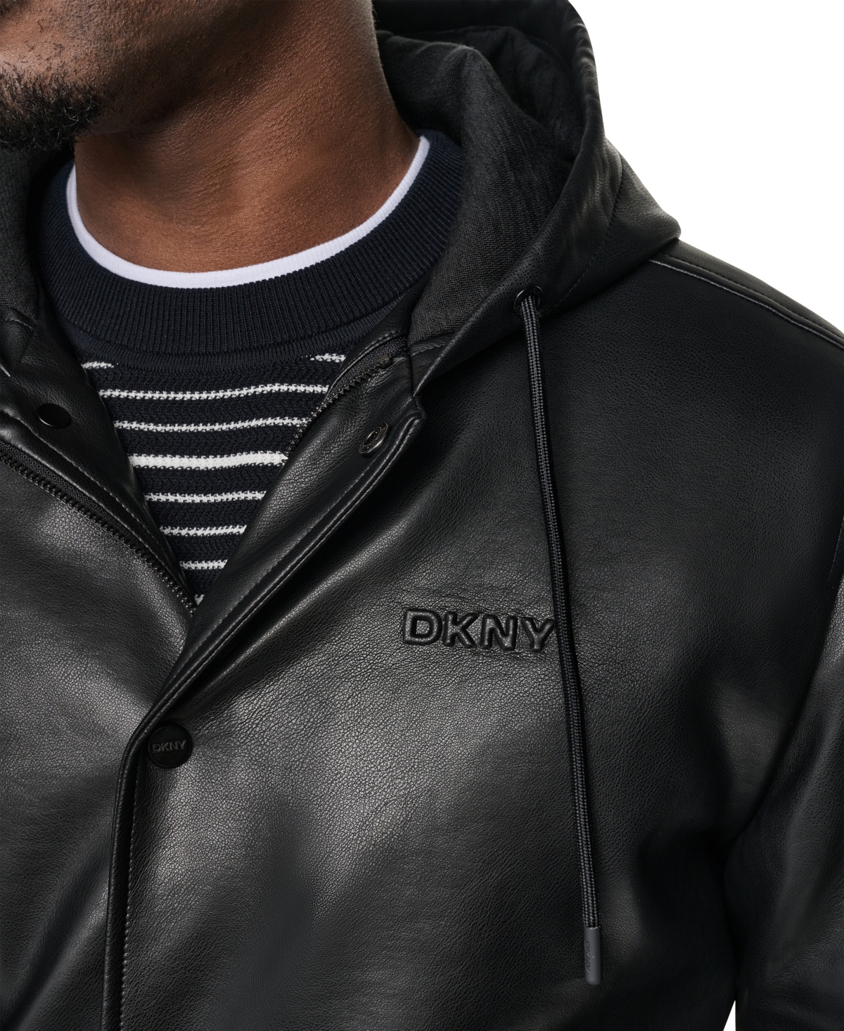 Dkny Men's Hooded Faux Leather Bomber Jacket