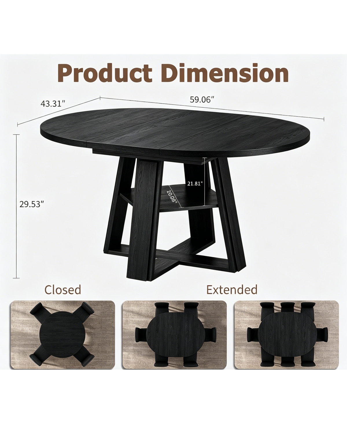 homfan Extendable Round Dining Table, 43.3" to 59.06"