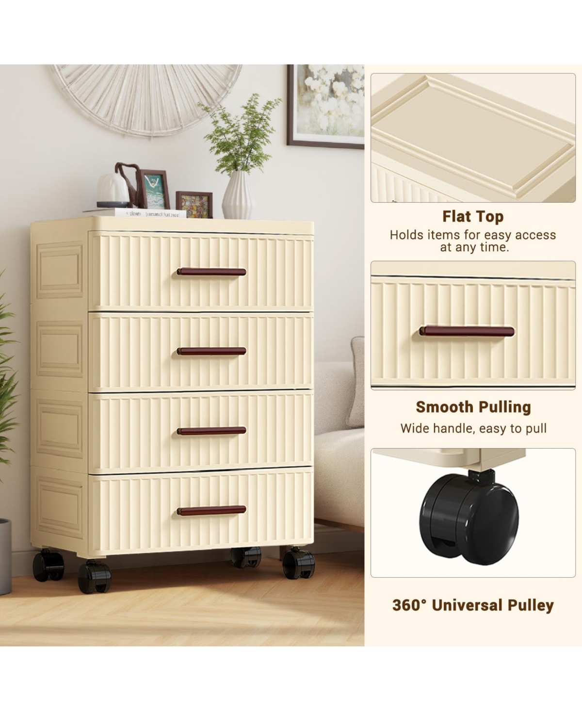 homfan Plastic Storage Drawer Cart, Pull Out Home Organization Storage Container Rolling Bin Vertical Storage Unit for Bedroom Living Room Office
