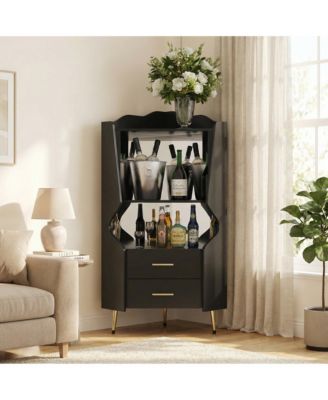Wooden Corner Bar Cabinet with 2 Open Shelves, 2 Drawers and Mirrored