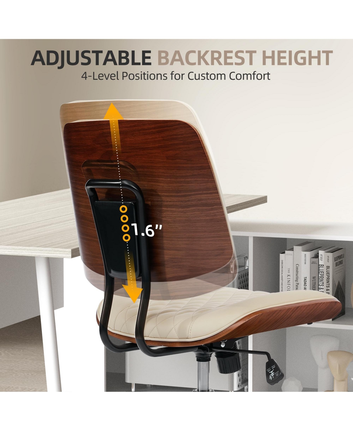 homfan Armless Swivel Office Chair with 4-Level Backrest, Adjustable Height, Pu Leather