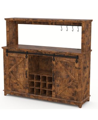 55 Inch 2-Tier Farmhouse Coffee Bar Cabinet with Power Outlet, LED Light, Removable Wine Rack, Sliding Barn Door, Buffet Cabinet