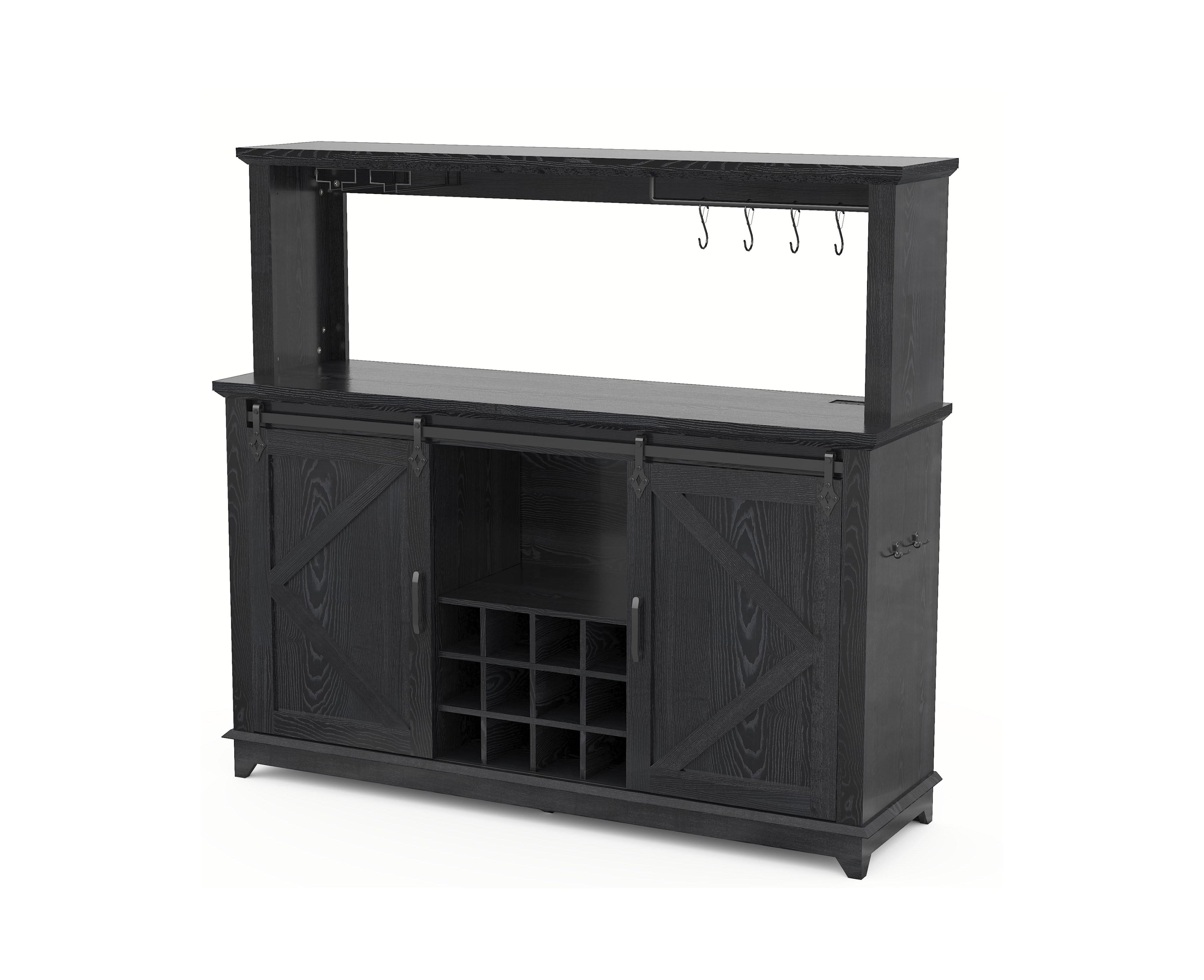 homfan 55 Inch 2-Tier Farmhouse Coffee Bar Cabinet with Power Outlet, Led Light, Removable Wine Rack, Sliding Barn Door, Buffet