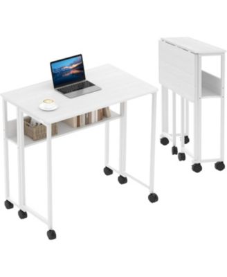  Folding Rolling Desk with Storage Shelf, Space-Saving Portable Computer Table for Home Office