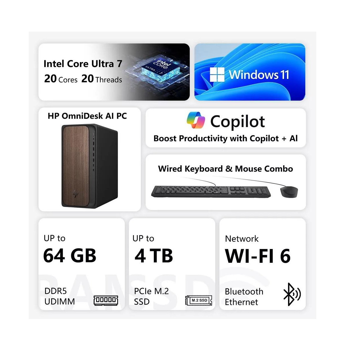 Hp OmniDesk M03 Business Desktop, Core Ultra 7 265, Intel Graphics, 32GB DDR5, 1TB Ssd, Wi-Fi 6, Wired Kb and Mouse, Win11 Pro