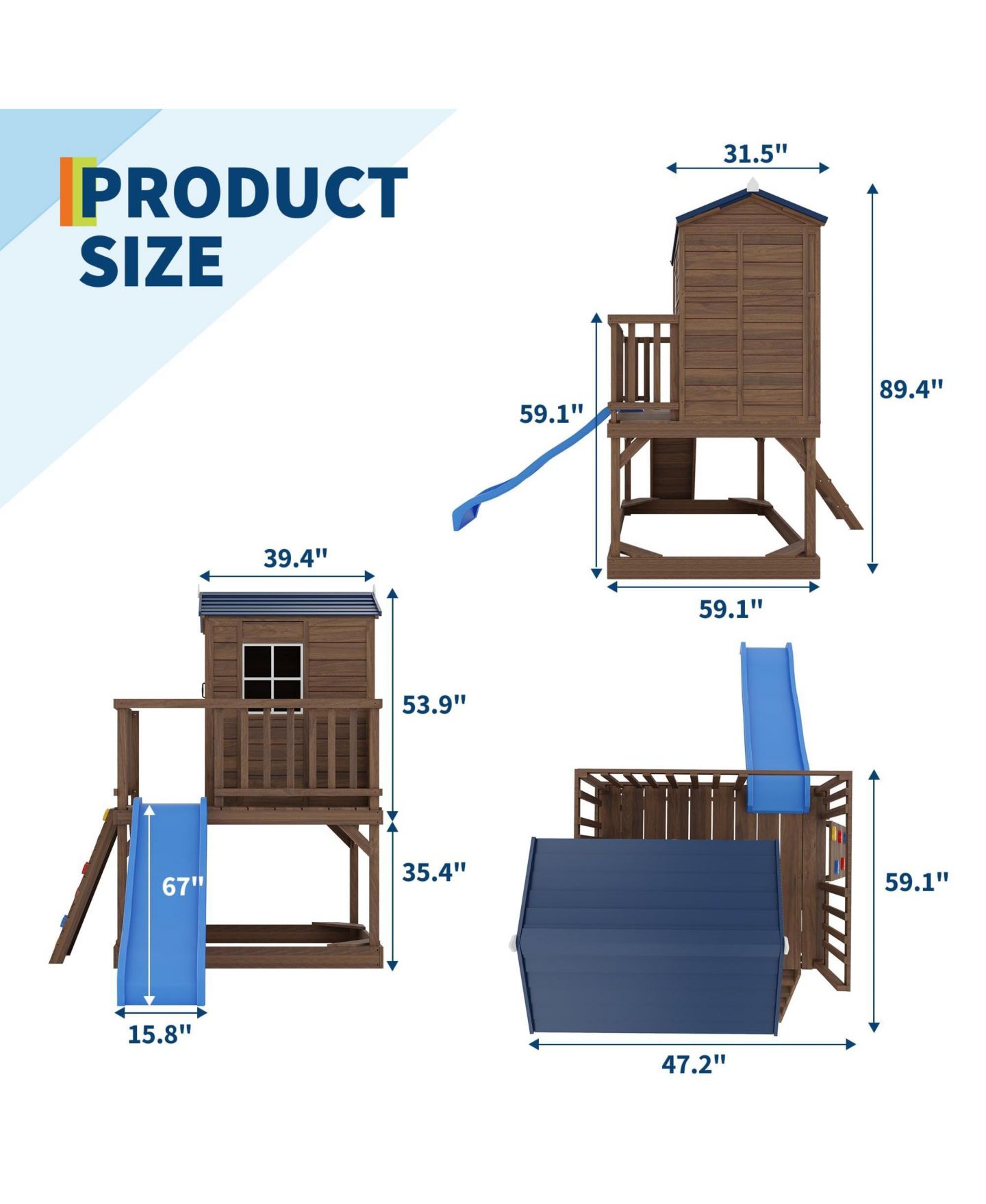 Детская игрушка homfan Kids Outdoor Playhouse with Sandbox, 89 Inch 2 Story Wooden Playhouse with Slide and Step Ladder for Backyard — фото 2
