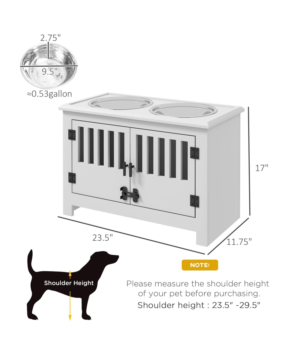 Ruie Dog Food Storage Cabinet Elevated Feeding Station with 2 Steel Bowls