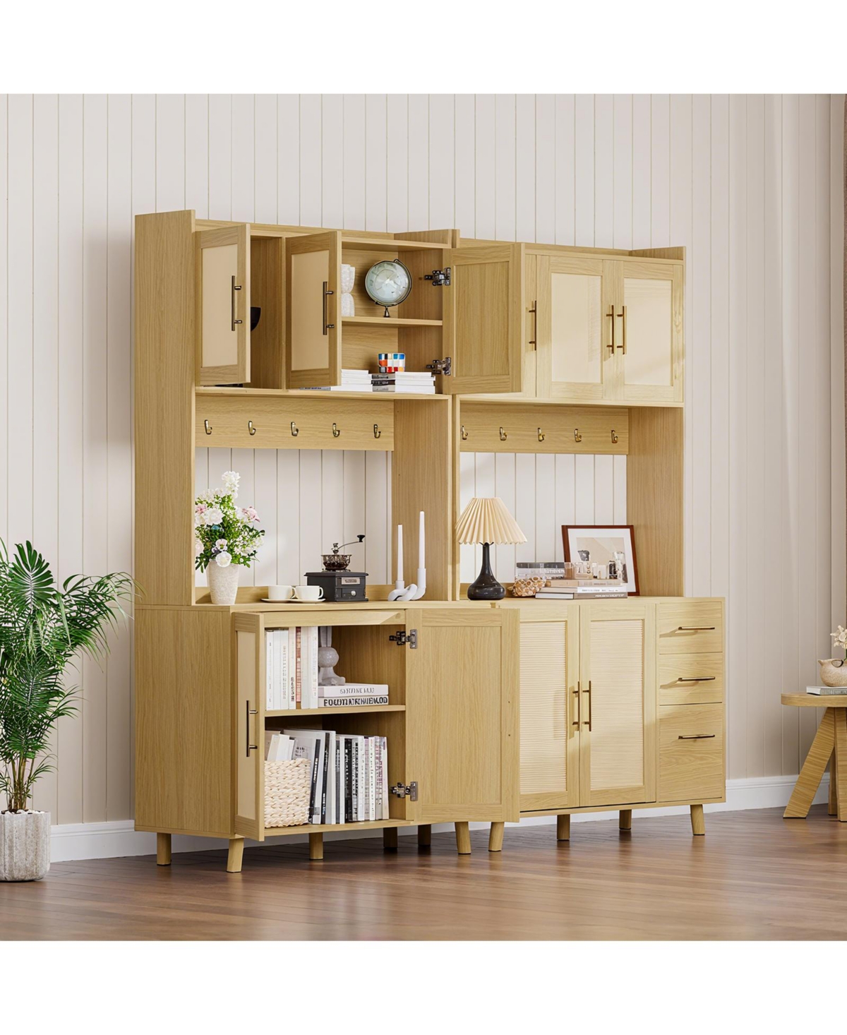 homfan 71-Inch Rattan Pantry Cabinet with Microwave Stand, 3 Drawers, Doors and Hooks, Boho Storage Hutch for Kitchen, Dining Room and Living Room