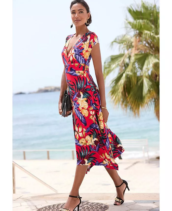Women's Viscose Printed Handkerchief Hem V-Neck Tie-Waist Midi Dress - thumbnail 3