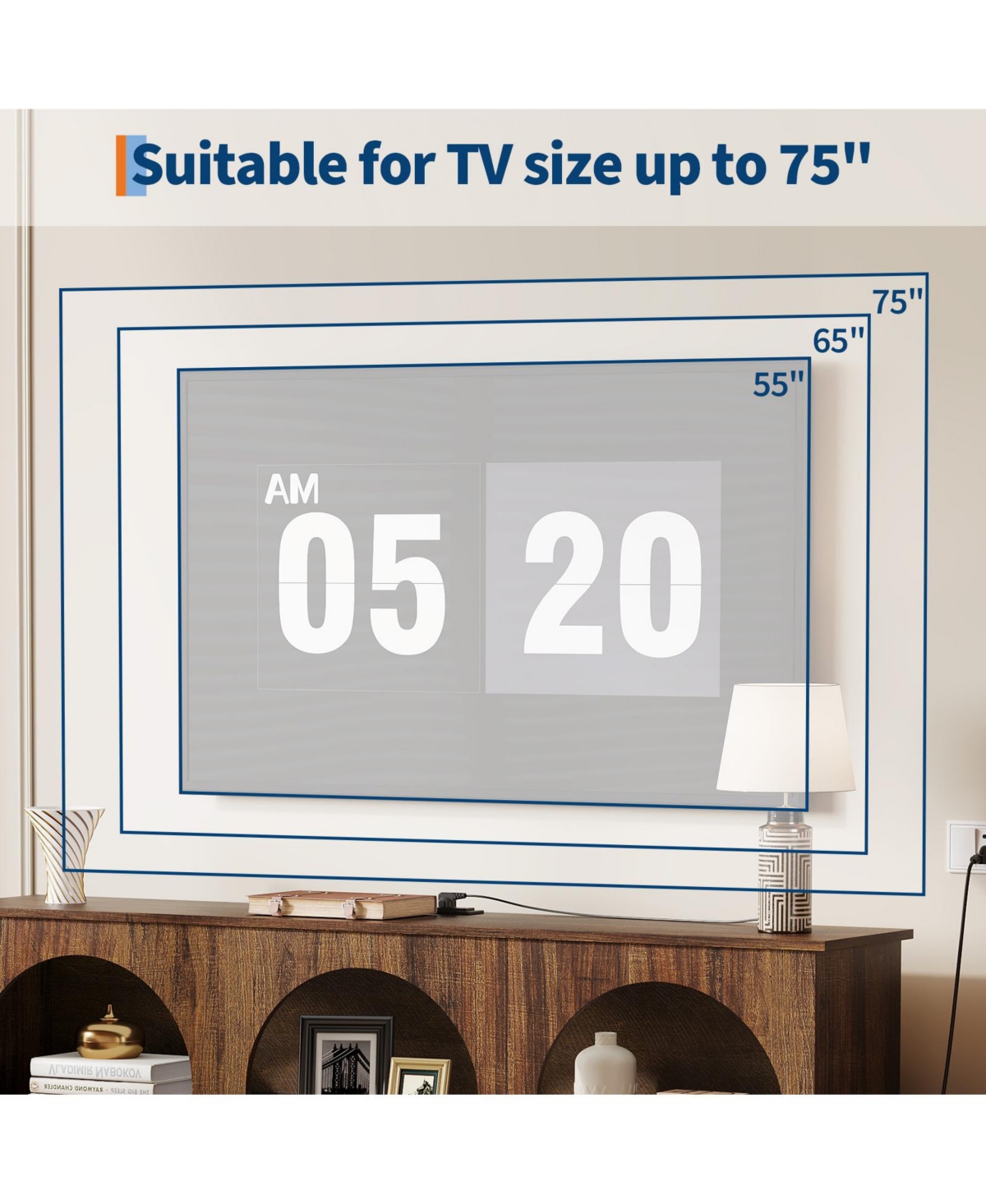 homfan 63" Arched Tv Stand with Charging Station and 3-Tier Open Shelves, for 65-70" Tv