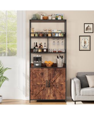 70.8" Tall Bakers Rack with Cabinet 5-Tier Freestanding Wine and Coffee Bar Cabinet, Wooden Doors, Open Storage Shelves, Metal Spice Rack