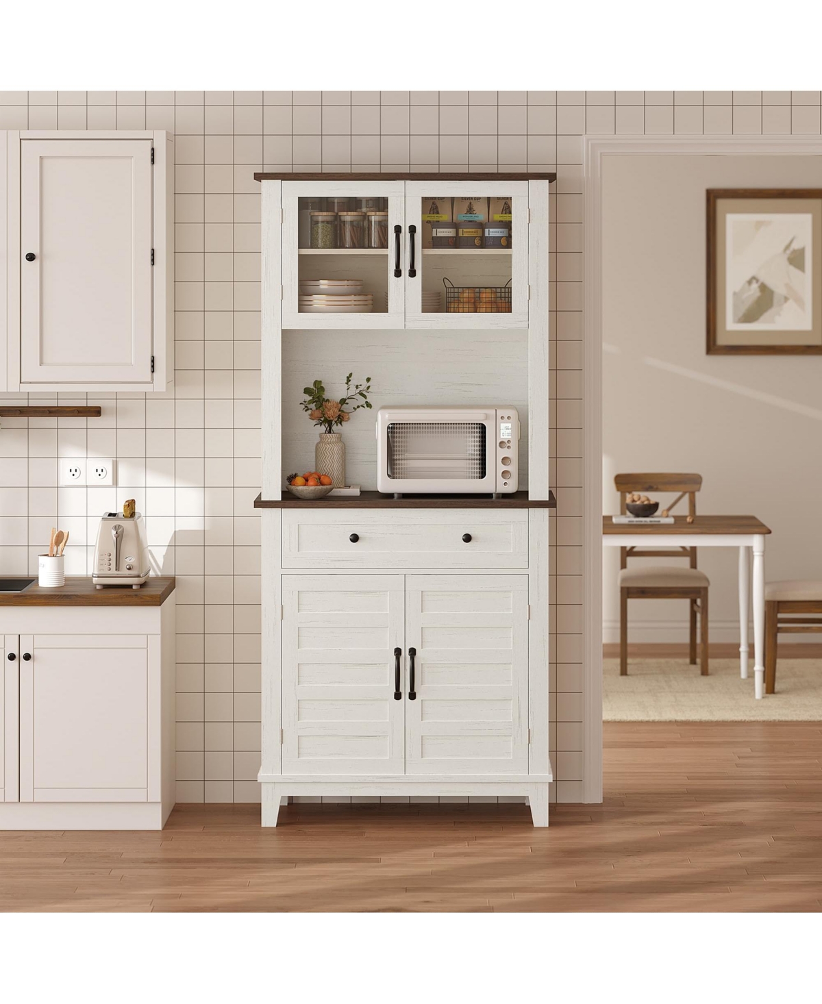 homfan 72" Kitchen Pantry Cabinet with Drawers and Glass Doors, Farmhouse Hutch with Storage, Microwave Stand for Kitchen and Dining Room