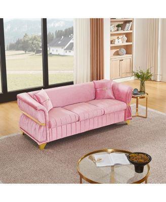 83.5" Modern Velvet 3-Seater Sofa with Gold Trim and 2 Pillows