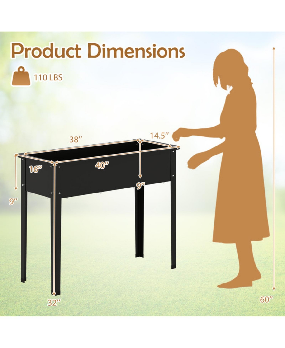 Sugift Elevated Metal Raised Garden Bed 40 in Wide with Legs and Drainage Holes