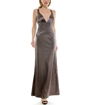 Juniors' V-Neck Satin Corset Maxi Dress