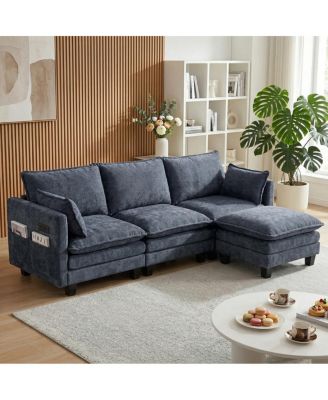 Modern Chenille 3-Seat Sofa with Ottoman, USB Ports and Side Pockets