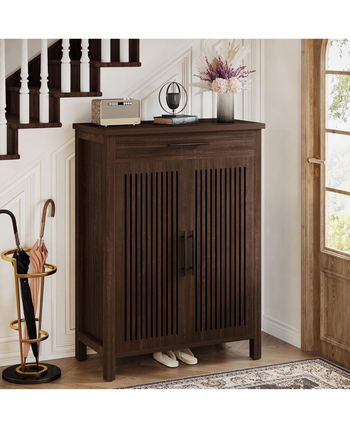Tribesigns 5-Tier Shoe Cabinet,Shoe Storage Cabinet with Louvered Doors and Drawer, Freestanding Wooden Rack Organizer Adjustable Shelves