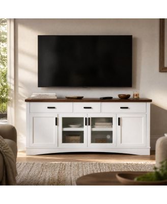 Modern 67" White TV Console with Glass Doors, Storage Drawers and Adjustable Shelves