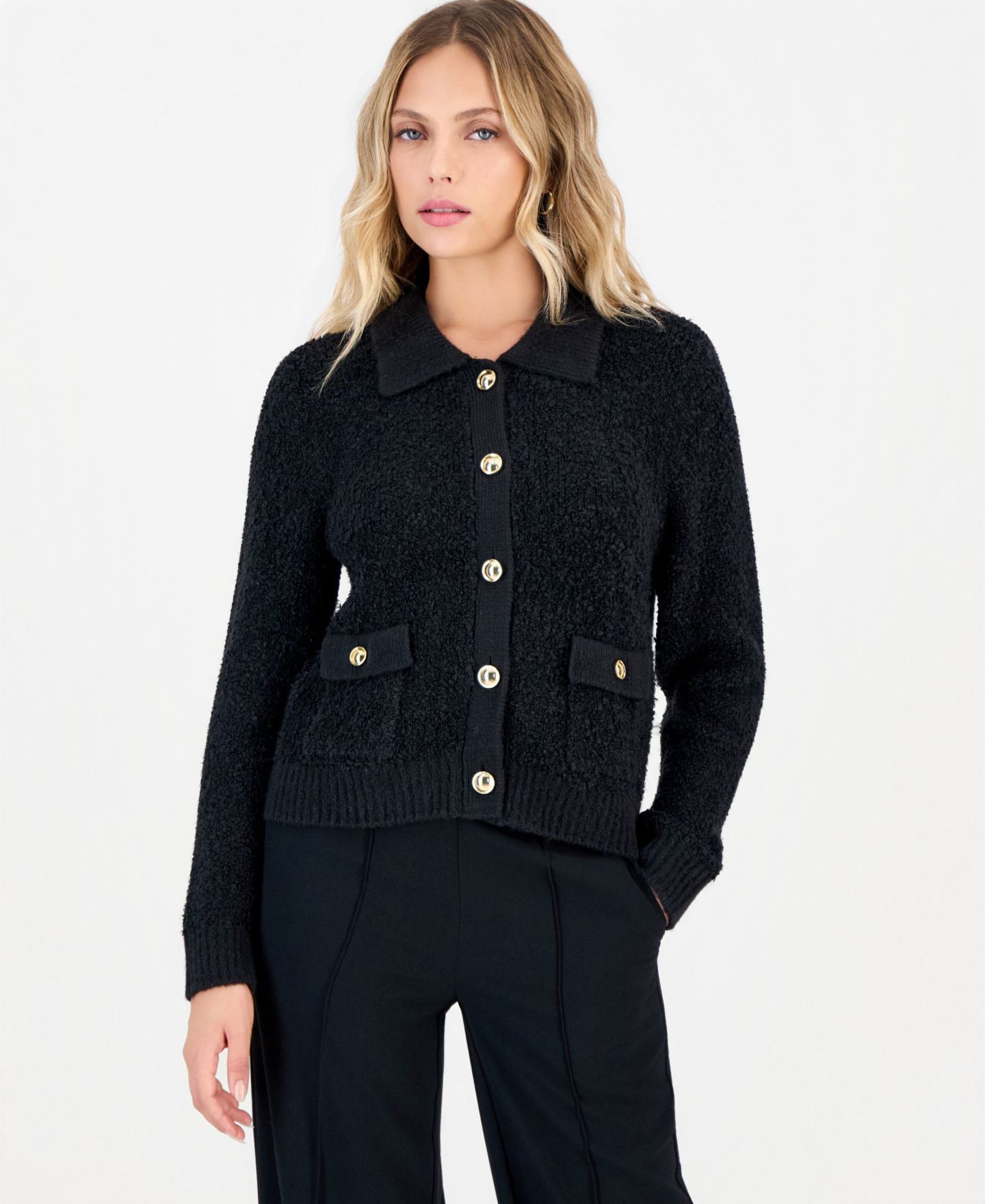 Женский кардиган I.N.C. International Concepts Petite Boucle Relaxed-Fit, цвет: Глубокий чёрный — фото 1