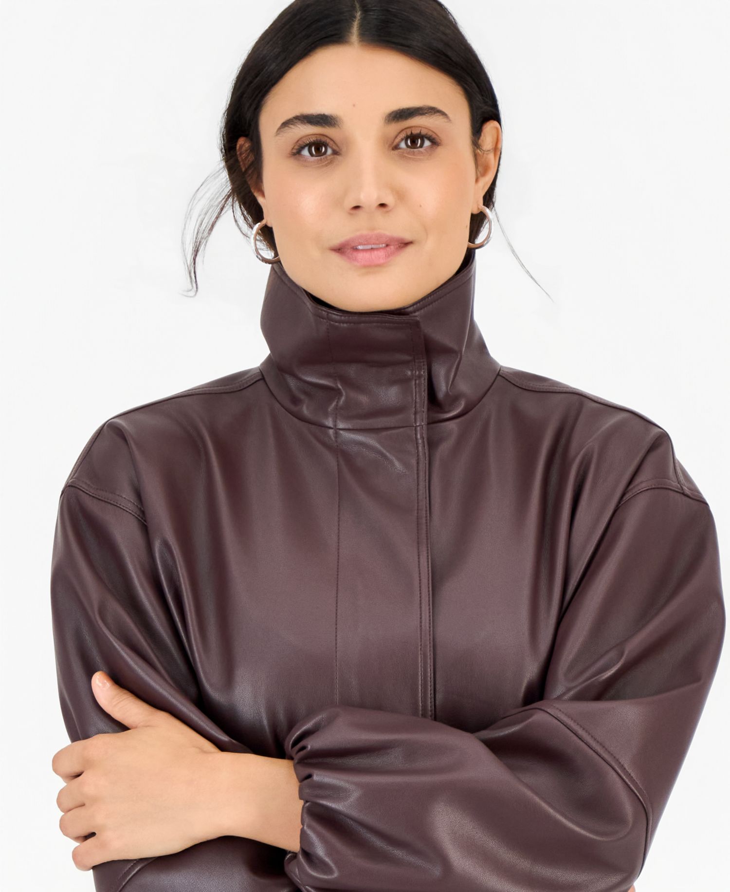 Petite Faux Leather Funnel-Neck Bomber Jacket