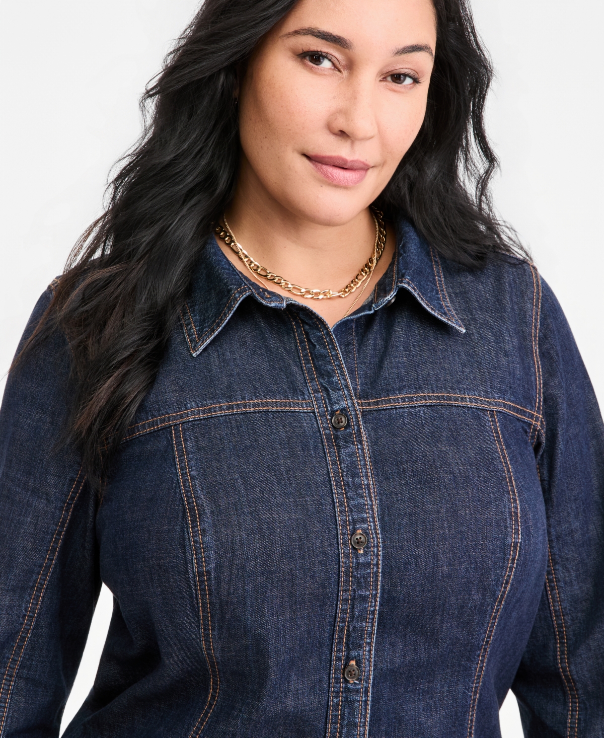 On 34th Plus Denim Mini Long-Sleeve Shirt Dress, Macy's Exclusive