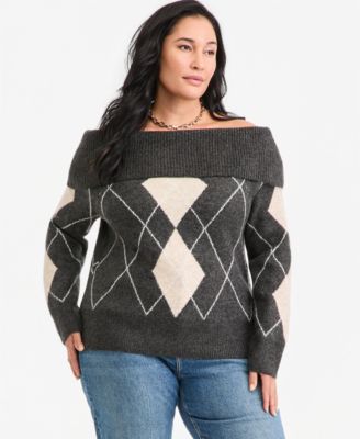 Plus Size Off-the-Shoulder Argyle Sweater