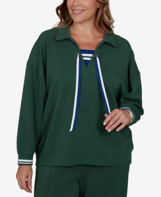 Plus Size Stripe Trim Drawstring Pullover Top