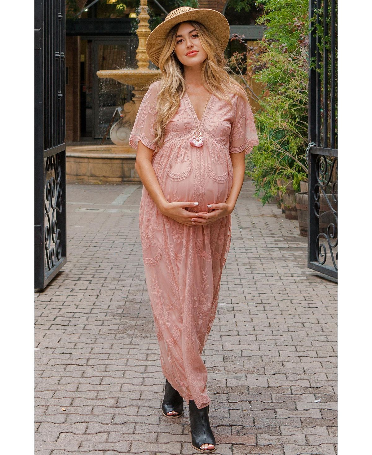 Pinkblush Women's Burgundy Lace Mesh Overlay Maxi Dress view 2 — MAYCSS fashion products