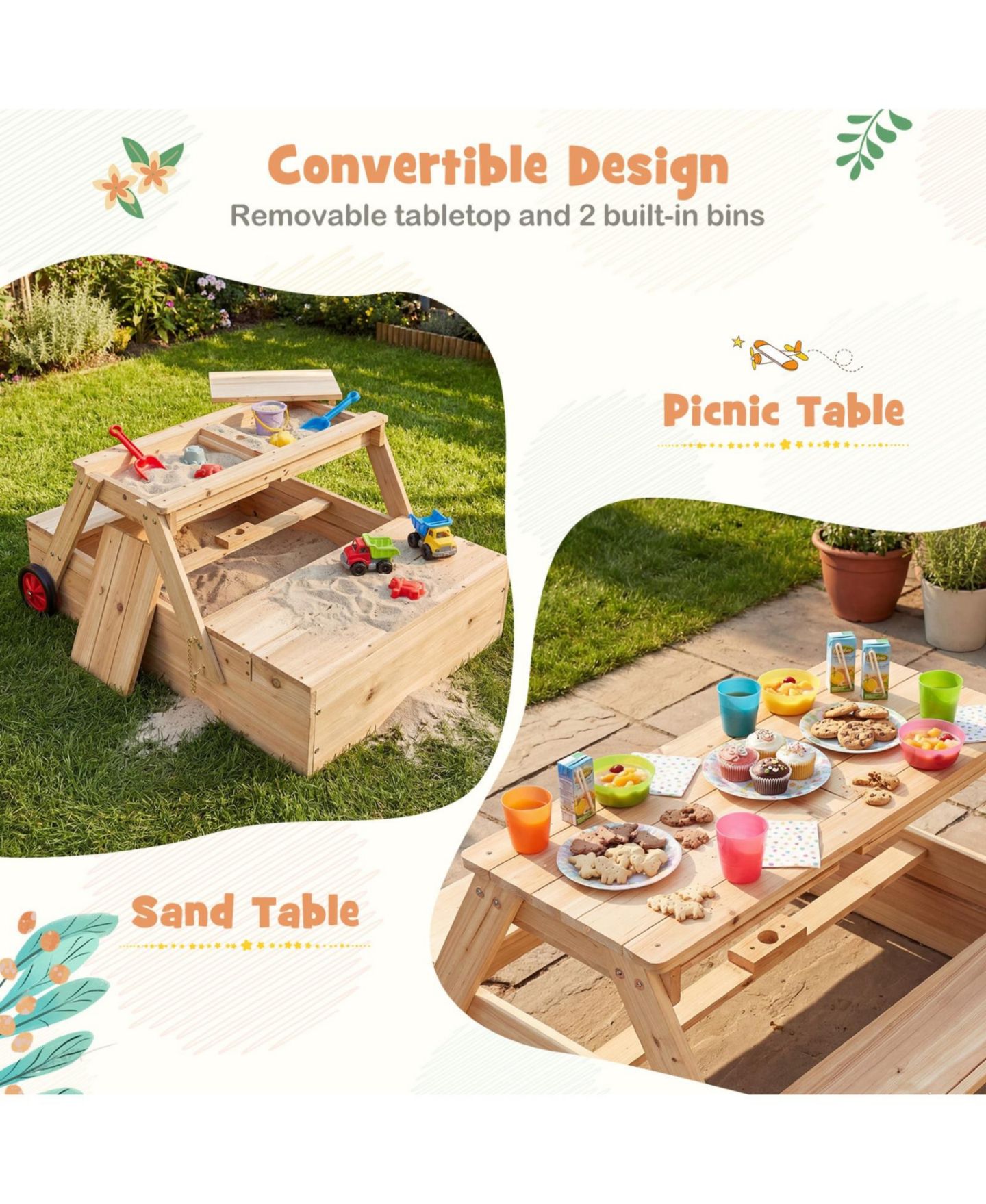 Детская игрушка SUGIFT 2 in 1 Convertible Sandbox Picnic Table, Fir Wood with Adjustable Umbrella, Accommodates 3 Children, Ages 3+ — фото 6