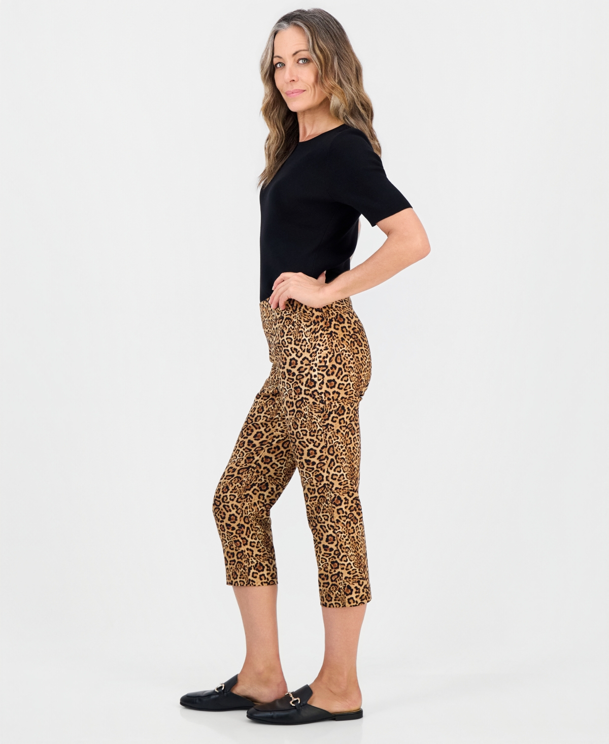 Petite Leopard-Print Rivet Pull-On Capris, Created for Macy's