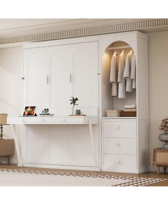  Murphy Bed with Storage Shelf, LED Light, and 3 Drawers