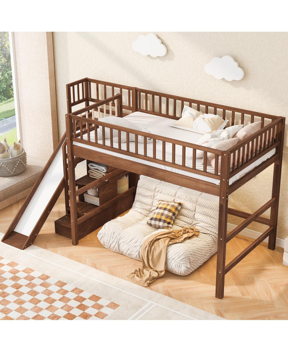 Streamdale Furniture Loft Bed with Storage Staircase, Slide and Led Light