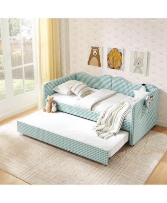 Gingham Upholstered Twin Daybed with Pull-Out Trundle and Side Storage Pocket